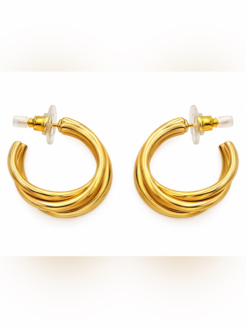 Gold Tone Triple Layer Open Hoop Earrings Modern Minimalist